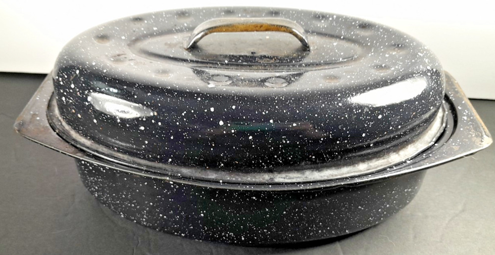 Vtg Metal Enamel Chicken Roasting Pan Pot Black and White 12"